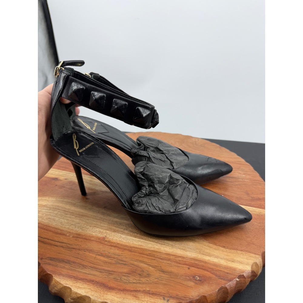 Brian Atwood Mercada Pump Women 7.5 Black Studded Ankle Strap Stiletto Heel